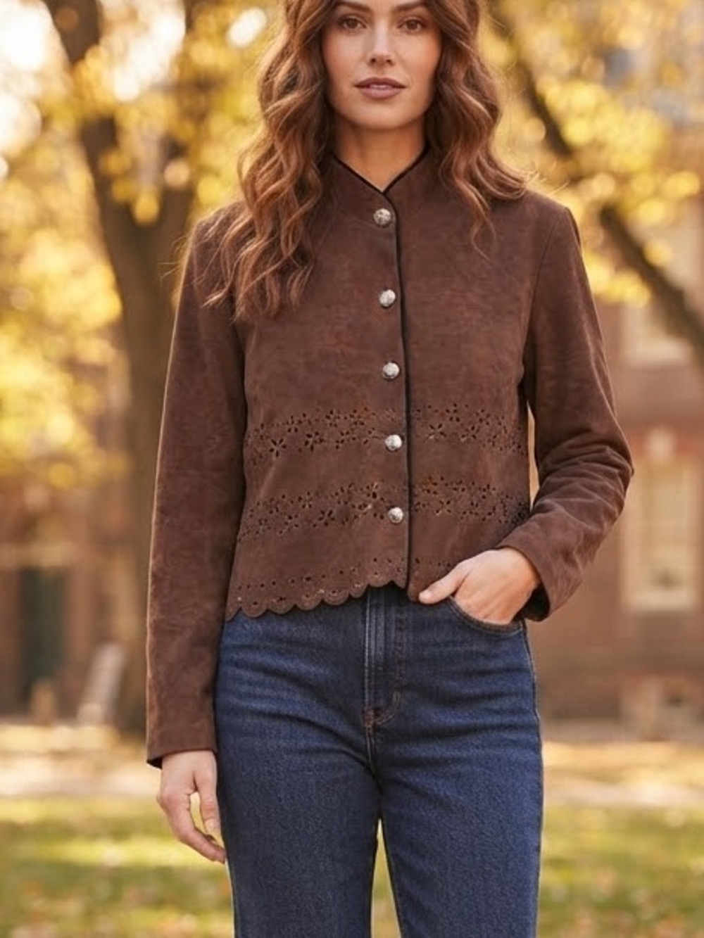 Panhandle Slim Brown Suede Button-Up Jacket with Scalloped Hem